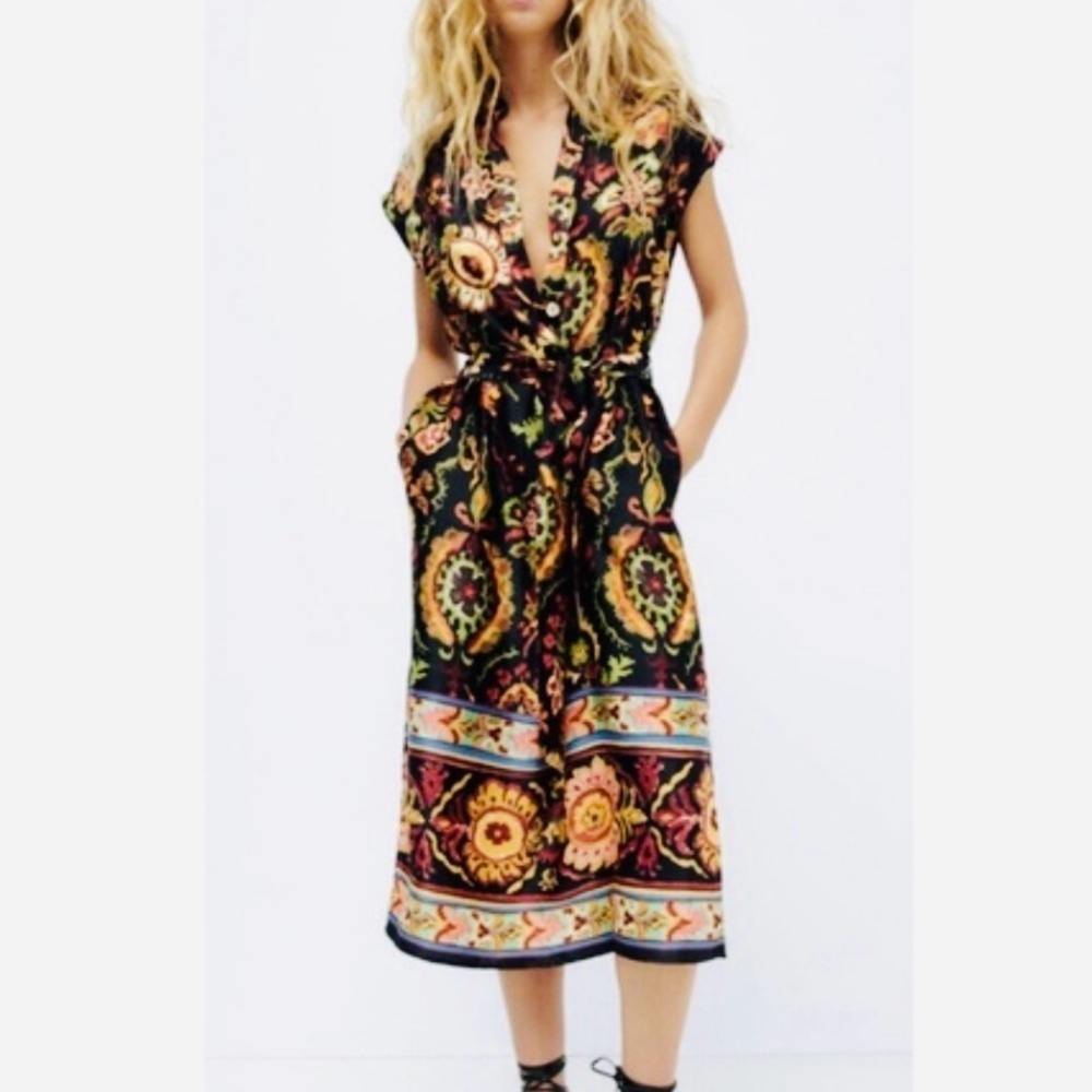 Zara Gold and Red Midi Sundress with Plunge Neckline